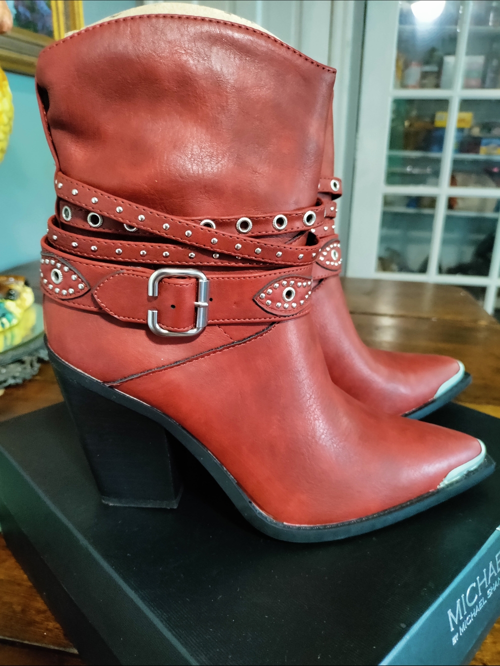 Michael Shannon Red Studded Buckle Heeled Ankle Boots